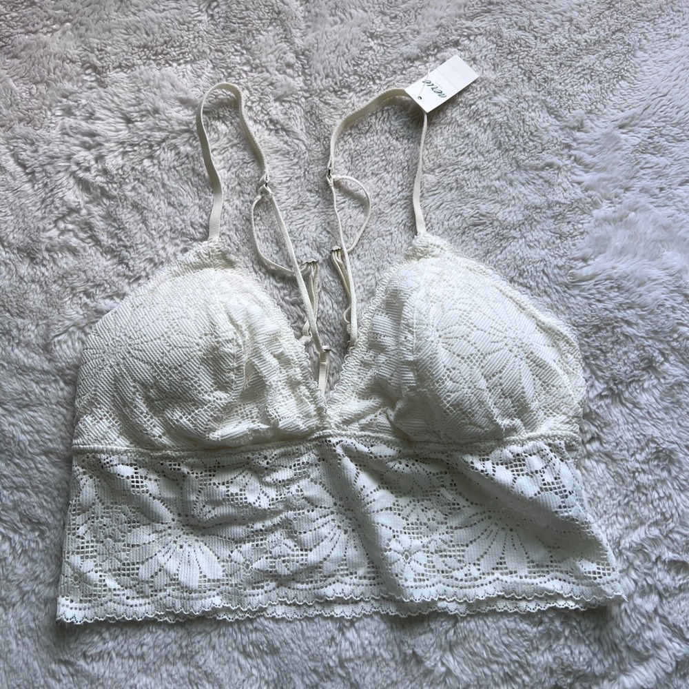 Aerie Cream Floral Lace Longline Bralette Strappy Back Size Medium NEW 3358-125